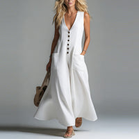 Patchwork Pocket Deep V-Neck Solid Color Casual Dress