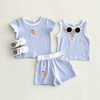 Peach Embroidery Casual Vest Short-sleeved Shorts Three-piece Set