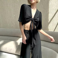Fashionable Strappy Deep-V Top And Wide-Leg Pants Two-Piece Set