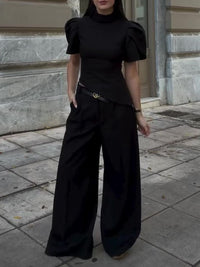 Black Turtleneck Puff Sleeve Waist-Cinched Top & High Waist Wide-Leg Pants Set