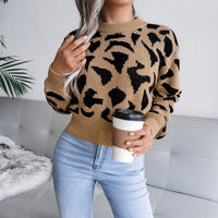 Women Casual Leopard Print Cinched Knit Cropped Sweater