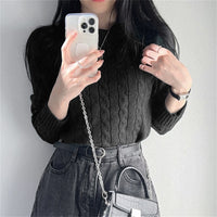 Japanese Sweater Preppy Style Short Cable-knit Sweater Round Neck Long Sleeve