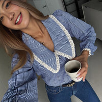 Loose Fitting Long Sleeve Shirt With Blue Plaid Lace Panels