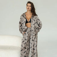 Womens Autumn Loose Stylish Printed Long-Sleeve Top And Pants Two-Piece Set In Imitation Silk For Home Wear