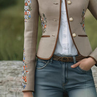Womens Retro Floral Embroidery Stand Up Collar Jacket