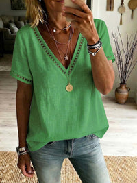 Women's Casual Patchwork Hollow-Out Lace V-Neck Short-Sleeve Top