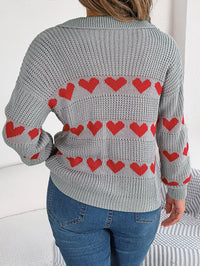 Women Casual V-Neck Lantern Sleeve Color Block Heart Pullover Sweater