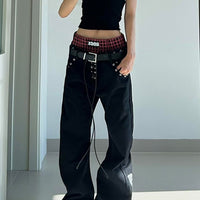 Retro Drawstring Babe Color-blocking Double Waistband Patchwork Print Curved Pants