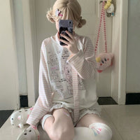 Sweet Girl Kitten  Striped Round Neck Fleece-lined Sweater