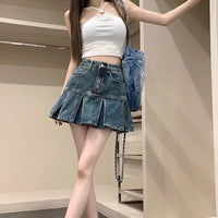 Womens Versatile High-Waisted Pleated Denim Skirt For Summer