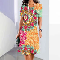 Womens Summer Classic 3D Digital Print Fashion Short-Sleeve Dress