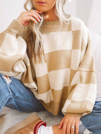 Contrast Color Checkerboard Loose And Lazy Style Stitching Sweater