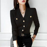 V-neck Slim-fit Slim-fit Right-angle Shoulder Long-sleeved Knitted Cardigan