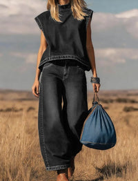Western-style Sleeveless Wide-leg Cropped Suede Velvet Suit