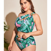 Green Printed Large Size Special Craft Split Swimsuit