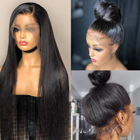 Real Human Hair Lace Wig Set Straight Hair Black Medium Length