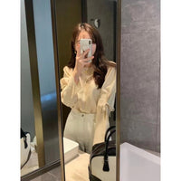 Lace-up Solid Color Gentle And All-match Round Neck Long Sleeve Shirt
