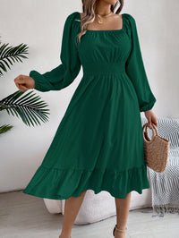 Women's Casual Solid Color Square Neck Long Sleeve Tie Waist Ruffle A-Line Dress
