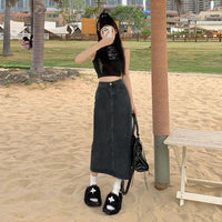 High-waisted Slit Denim Skirt A-line Midi Skirt
