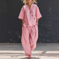 V-neck Loose-fit Short-sleeve Top And High-waist Trousers Two-piece Set