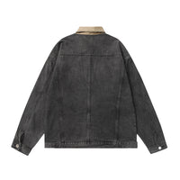 Contrast Color Leather Patchwork Lapel Pocket Denim Clothes Jacket