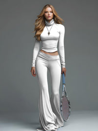 Womens Turtleneck Long-sleeve Flared Pants Two-piece Set