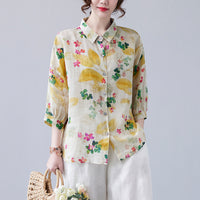 Women's Loose Retro Western Style Elegant Floral Cotton And Linen Shirt