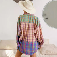 Plaid Color-Block Button-Up Shirt For Women