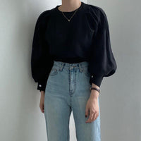 Women's Solid Color French Simplicity Round Neck Puff Sleeve Shirt