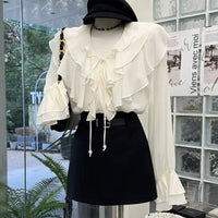 French Elegant Ruffled V-neck Long Sleeve Shirt Women