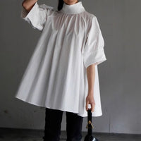 White Loose Bubble Sleeve Stand Collar Short Shirt