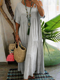 Casual Slash Neck Short Sleeve Cotton Linen Solid Color Womens Dress