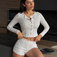 Knitted Printed Long Sleeve Shorts Two Piece Pajama Set For Home Wear