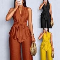 Elegant Solid-color Sleeveless Top With Tie Details And Wide-leg Pants Two-piece Set