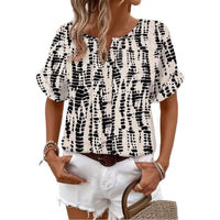Women's V-Neck Loose Fit Printed Short Sleeve Shirt - Casual European American Style Top
