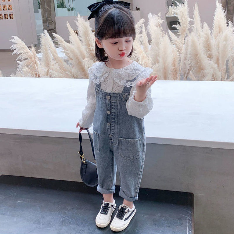 Girls Denim Overalls And Lace Shirt Two-piece Suit