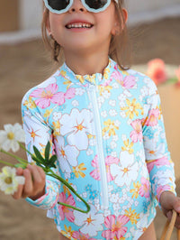 Girls' Summer Children's Breathable One-piece Long Sleeves Printed Cute Swimsuit