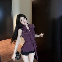 Sexy Hot Girl Ruffled V-neck Lace Up Chiffon Shirt