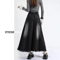 Black Denim Skirt Women's Irregular Mid-length A- Line Version Burrs Slimming