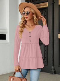 Women's Solid-color V-neck Button-panel Loose Long-sleeve Top