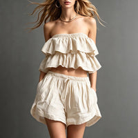 Womens Cotton-Linen Ruffle-Trimmed Strapless Shorts Set