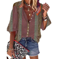 Women's Retro Fashion Stand Collar Loose Button Printed Casual Shirt