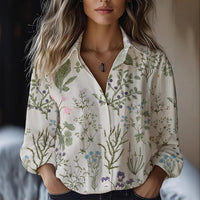 Floral-print Long-sleeve Shirt Delicate Linen Casual Blouse