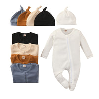 Boys And Girls Long Sleeve Solid Color Waffle Zipper Jumpsuit Foot-wrapped Romper