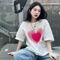 Womens Niche American-Style Heart-Print Short-Sleeve T-Shirt