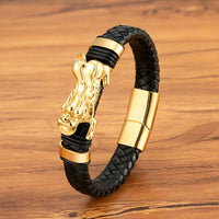 Gold And Steel-Colored Leopard-Pattern Dragon Pi Xiu Stainless Steel Leather Magnetic-Clasp Mens Bracelet