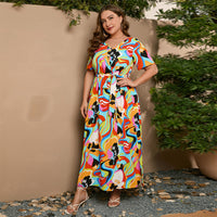 French-style Elegant Plus-size White Ink-wash Floral V-neck Short-sleeve Waist-cinched Maxi Dress