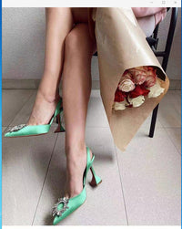 Glittering Rhinestone Satin Wine Glass Heel Shoes Baotou Slippers