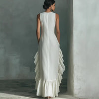 Womens Fashionable And Elegant Sleeveless Crew-Neck Dress With Ruffled Hem