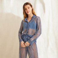 European And American Lace See-through Dress Long-sleeved Lapel Sexy Sexy Net Gauze Pajamas Women